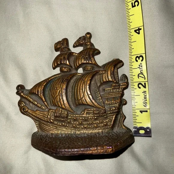 Vintage Cast Iron Pirate Ship Galleon Bookend Doorstop Nautical Bronze Tone 4.5" - Picture 3 of 6